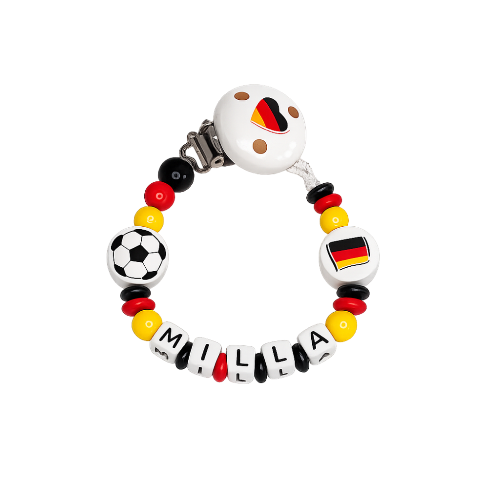 personalisierte Schnullerkette mit Namen - Holz - Baby Junge & Mädchen - Viele Farben - Fußball