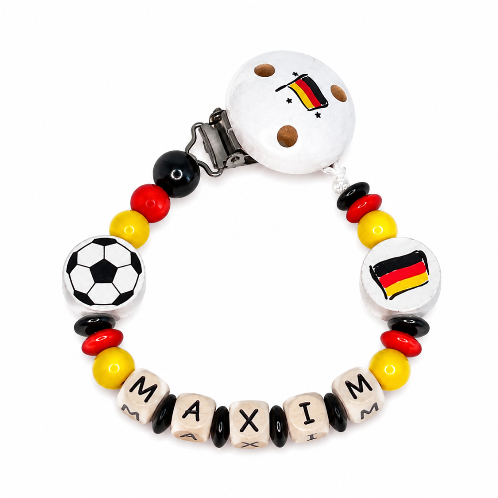 personalisierte Schnullerkette mit Namen - Holz - Baby Junge & Mädchen - Viele Farben - Fußball