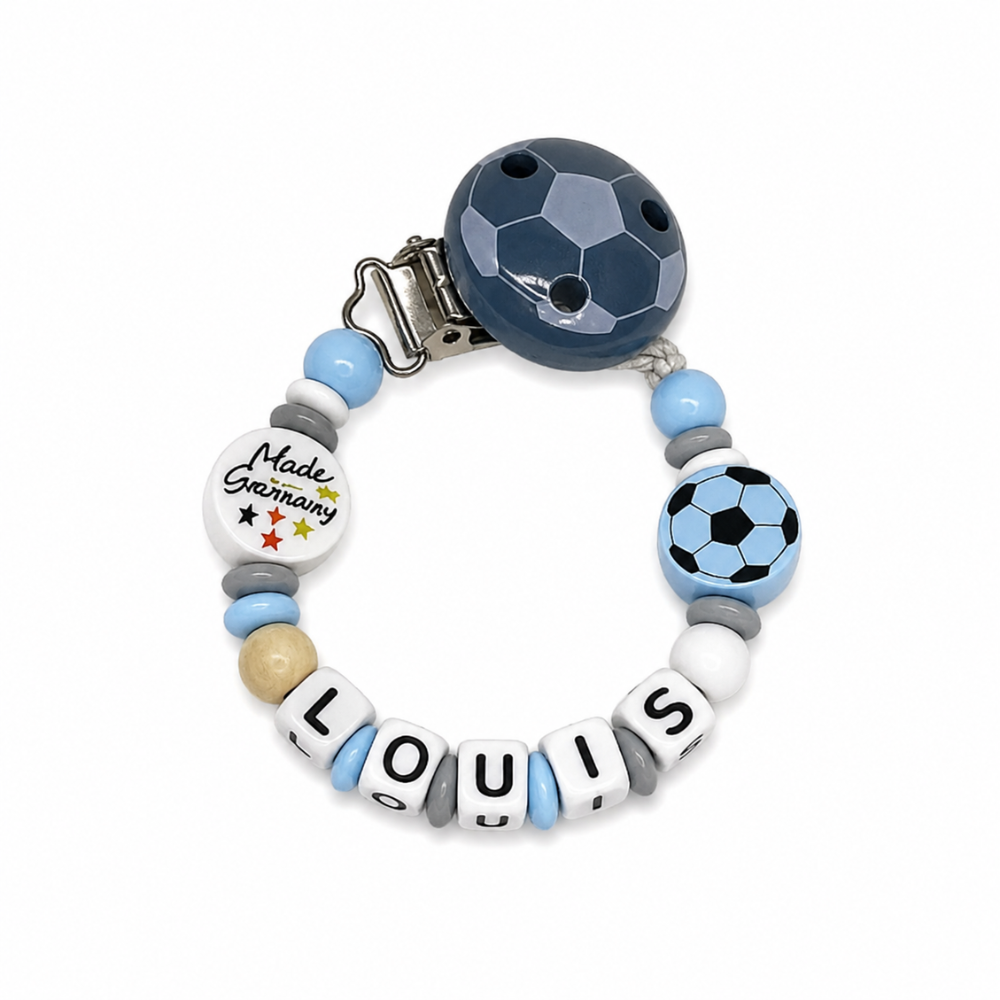 personalisierte Schnullerkette mit Namen - Holz - Baby Junge & Mädchen - Viele Farben - Fußball