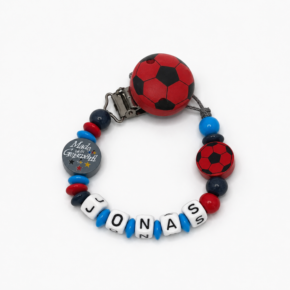 personalisierte Schnullerkette mit Namen - Holz - Baby Junge & Mädchen - Viele Farben - Fußball