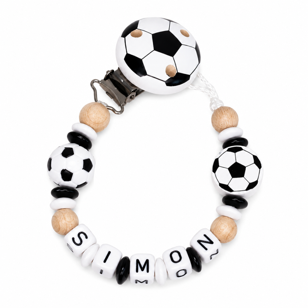 personalisierte Schnullerkette mit Namen - Holz - Baby Junge & Mädchen - Viele Farben - Fußball