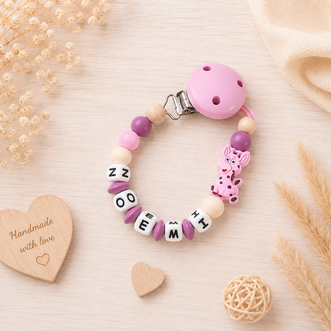 3er Set mit Namen Giraffe | Schnullerkette, Greifring & Kinderwagenkette