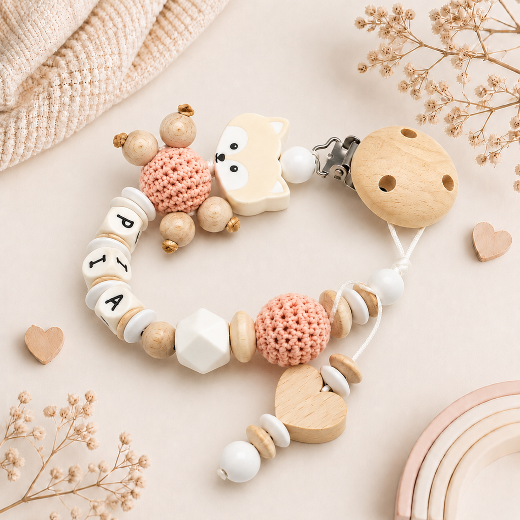 Schnullerkette mit Namen für Mädchen Fuchs Peachy