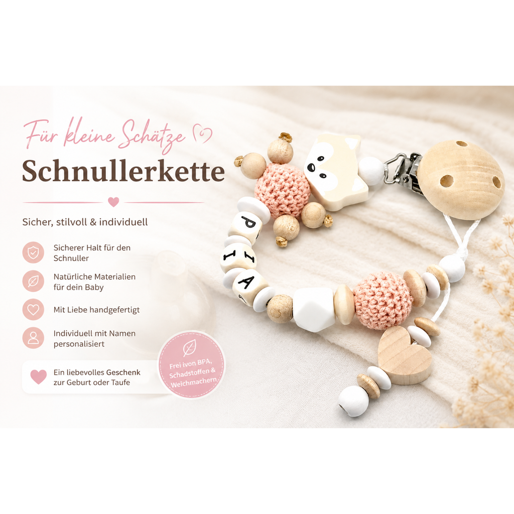 Schnullerkette mit Namen für Mädchen Fuchs Peachy