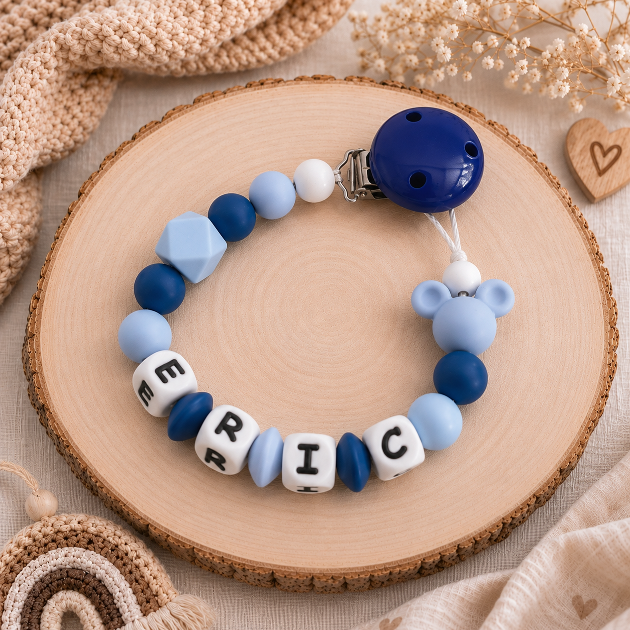 3er Set mit Namen Maus | Schnullerkette, Greifring & Kinderwagenkette