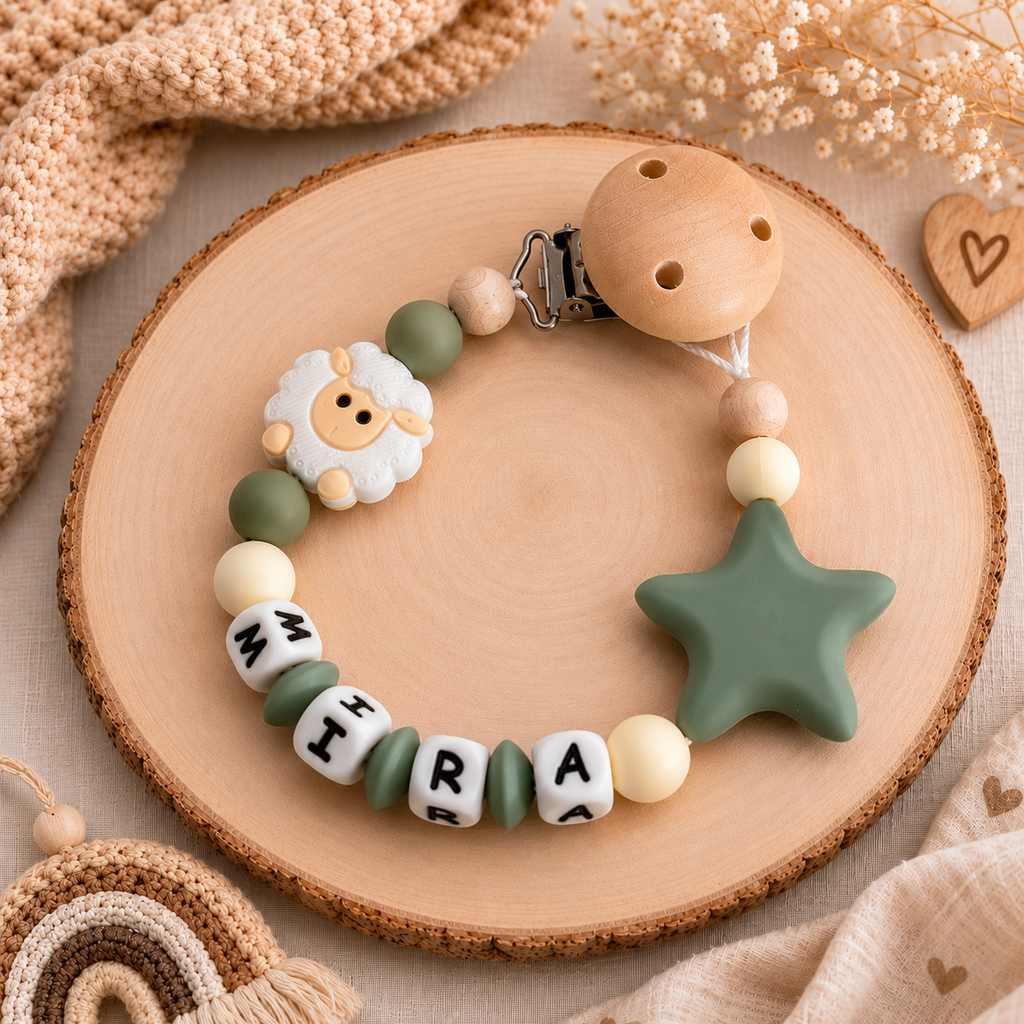 3er Set mit Namen 3D Schaf | Schnullerkette, Greifring & Kinderwagenkette