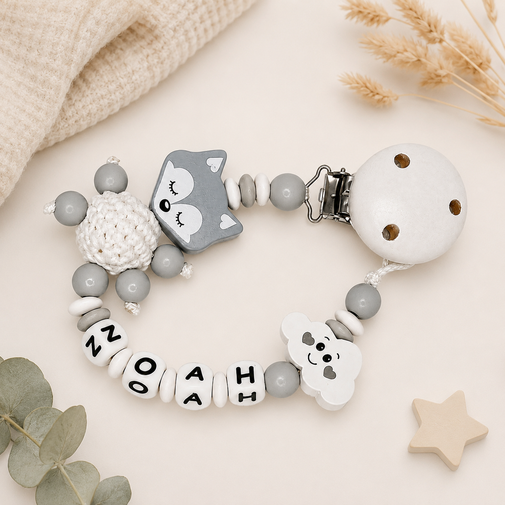 Schnullerkette mit Namen für Jungen | personalisiert | Fuchs Wolke | Weiß Grau | Geschenk Geburt