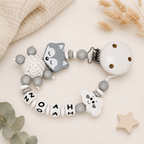 Schnullerkette mit Namen für Jungen | personalisiert | Fuchs Wolke | Weiß Grau | Geschenk Geburt