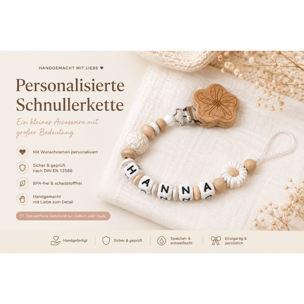 Schnullerkette mit Namen für Mädchen - Blümchen - natur weiß