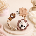 Schnullerkette mit Namen Löwe | Personalisierte Schnullerkette in Naturfarben
