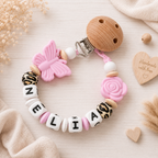 Schnullerkette mit Namen in Leo Design - Baby Mädchen - Babygeschenk