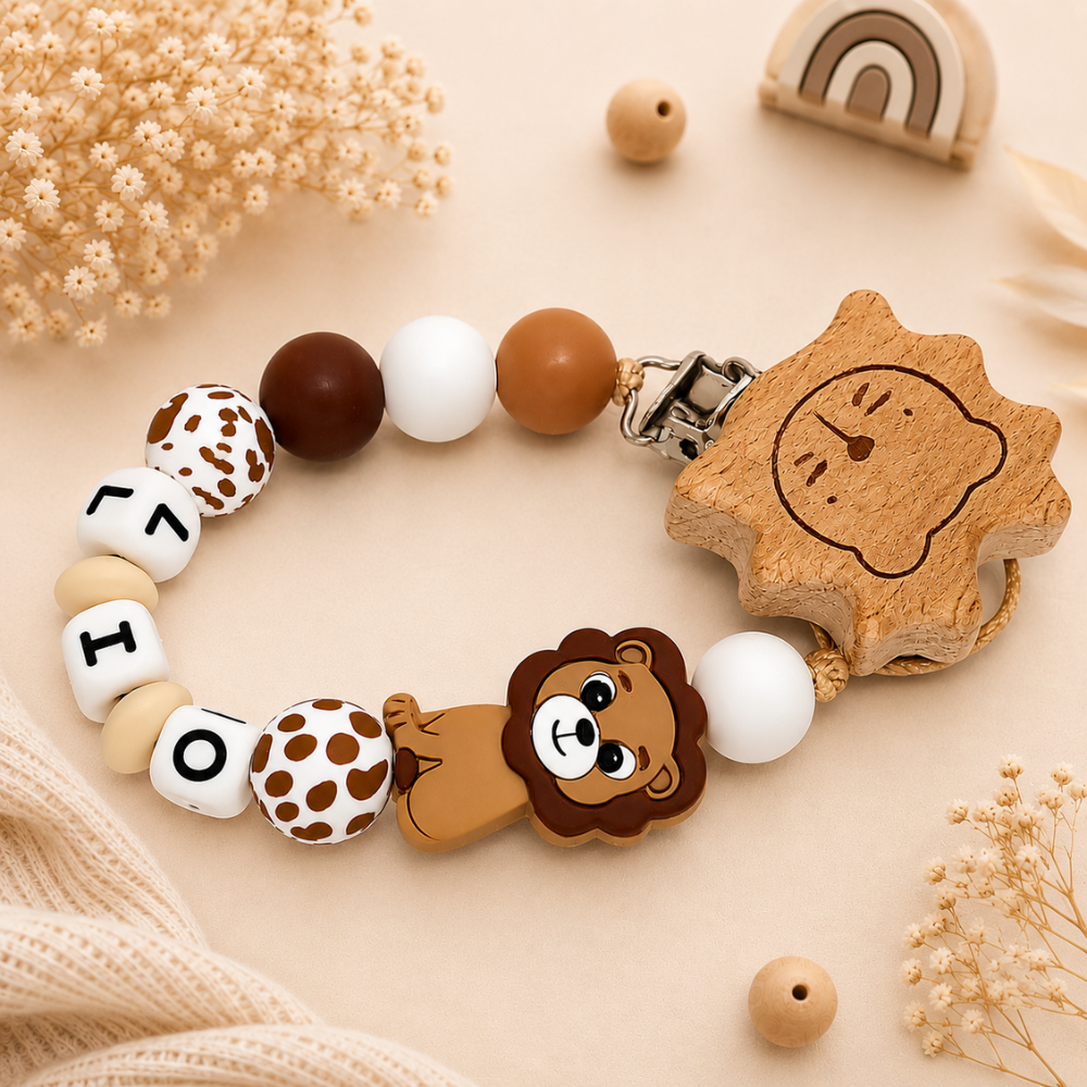 Personalisierte Schnullerkette  mit Namen | Löwe Design | Handgemacht | Baby Geschenk zur Geburt