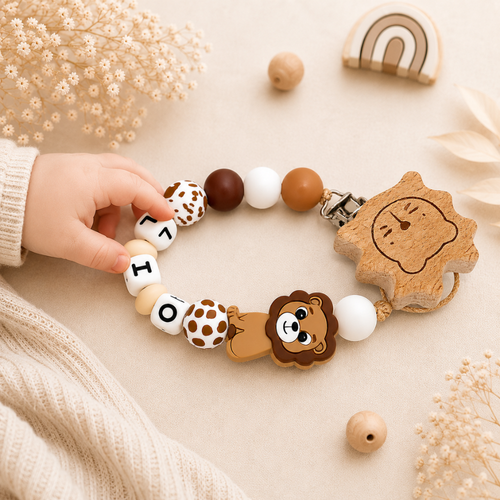 Personalisierte Schnullerkette  mit Namen | Löwe Design | Handgemacht | Baby Geschenk zur Geburt