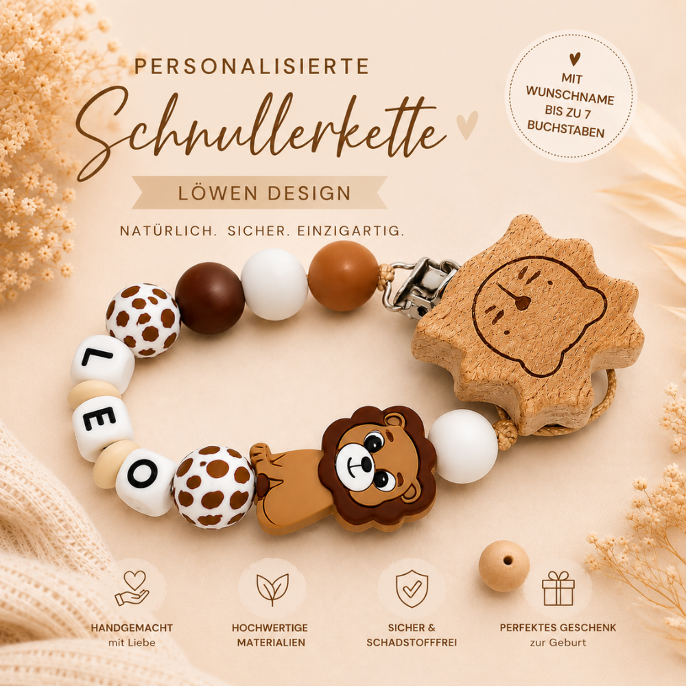 Personalisierte Schnullerkette  mit Namen | Löwe Design | Handgemacht | Baby Geschenk zur Geburt
