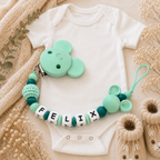 3-teiliges Baby Set  Maus Türkis Mint – Schnullerkette, Greifling & Kinderwagenkette personalisiert