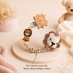 Schnullerkette mit Namen Löwe | Personalisierte Schnullerkette in Naturfarben