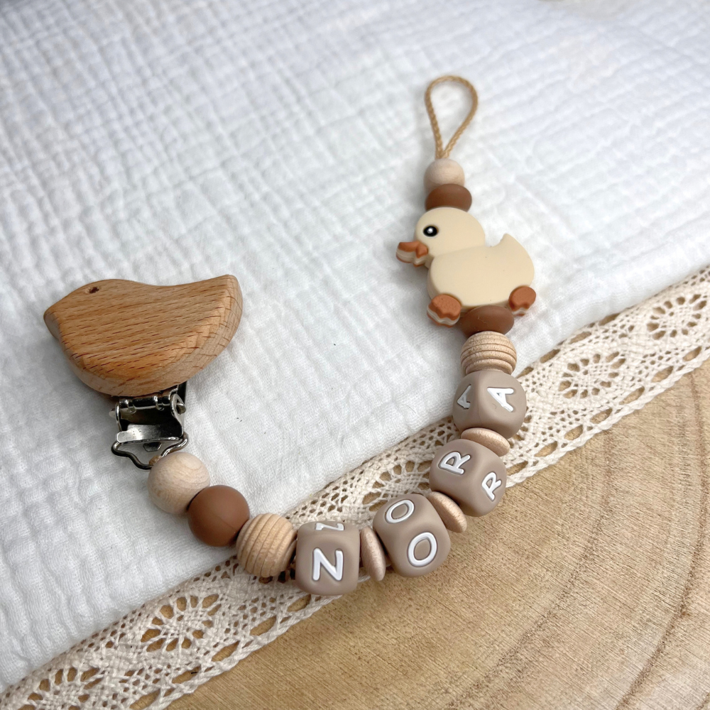 Personalisierte Schnullerkette mit Namen Ente – Mädchen Junge | Beige Braun