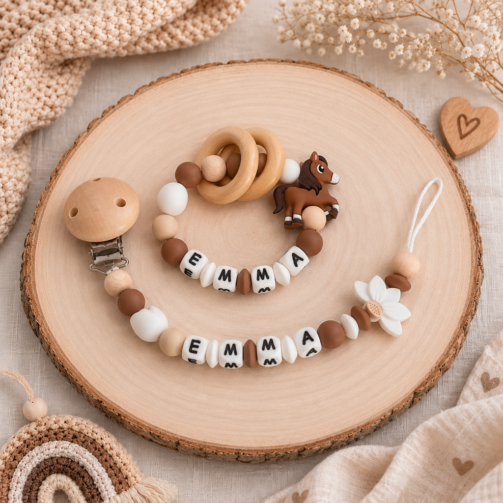 3er Set mit Namen Pferd | Schnullerkette, Greifring & Kinderwagenkette
