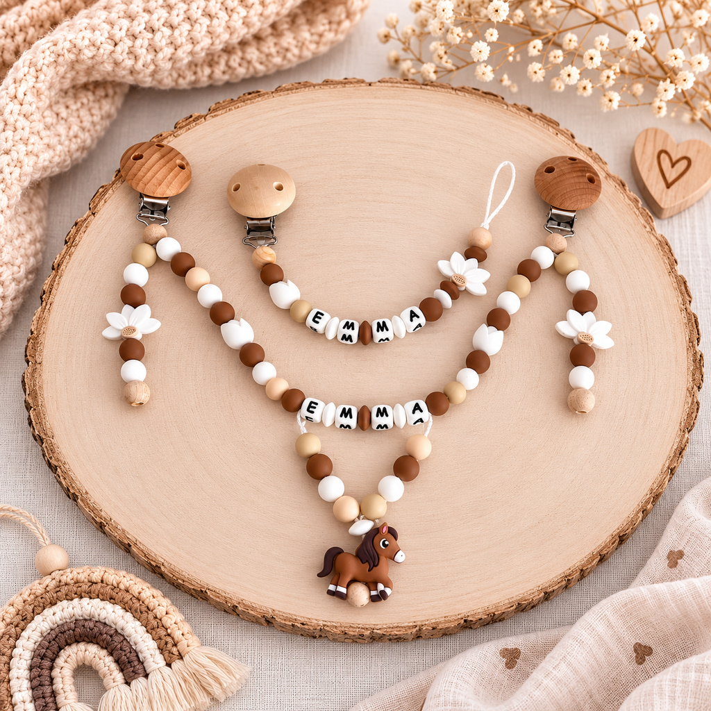 3er Set mit Namen Pferd | Schnullerkette, Greifring & Kinderwagenkette