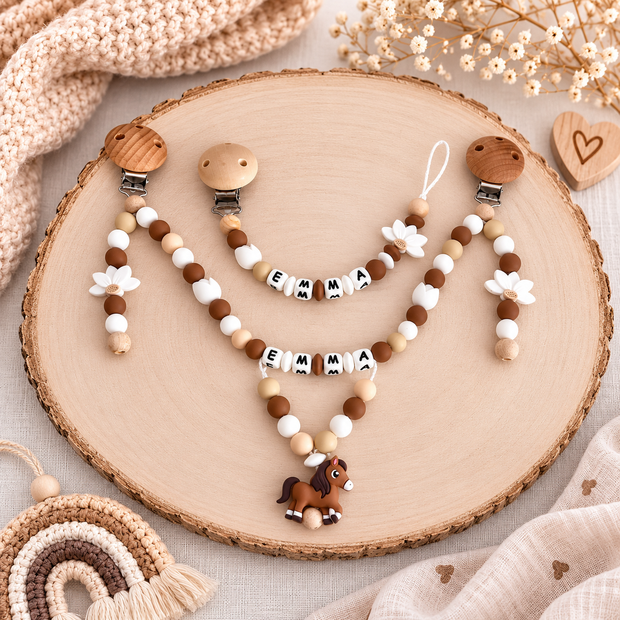 3er Set mit Namen Pferd | Schnullerkette, Greifring & Kinderwagenkette