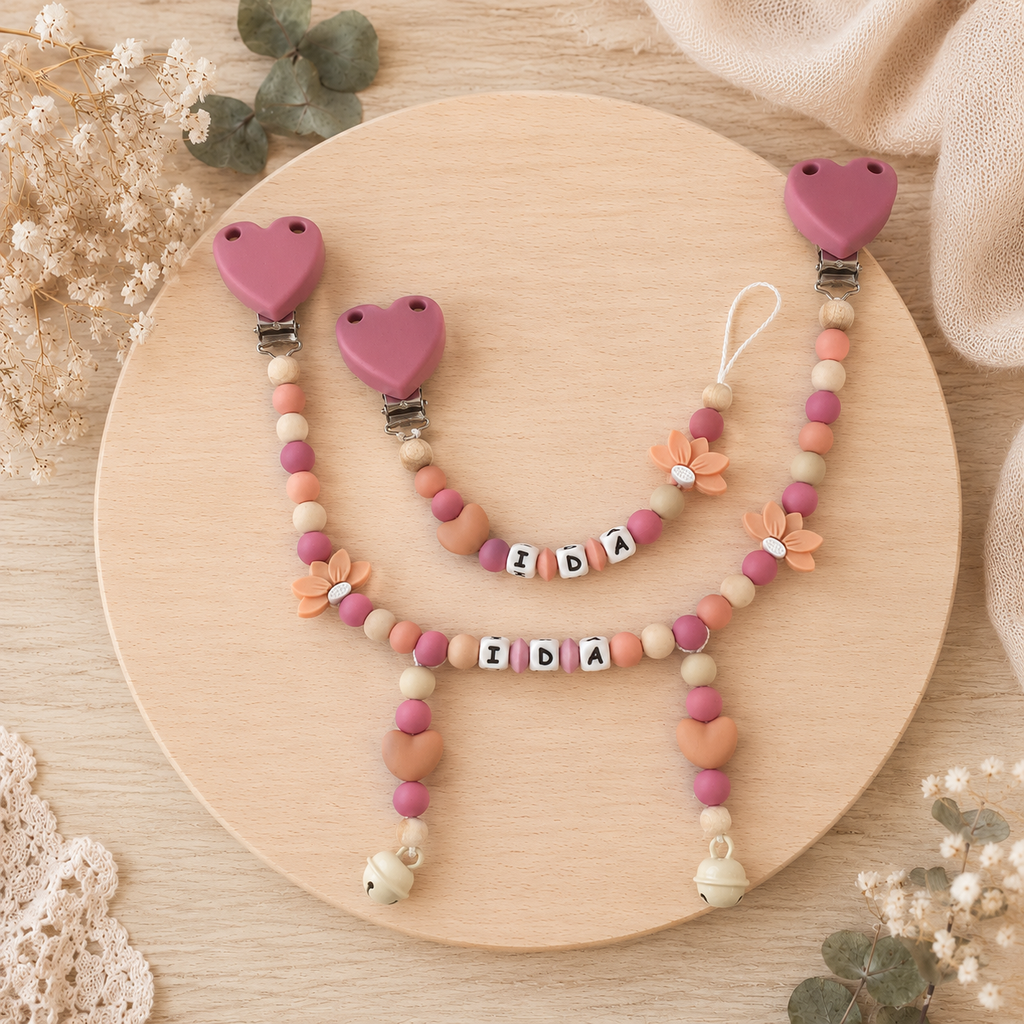 3er Set mit Namen Blume Herz | Schnullerkette, Greifring & Kinderwagenkette