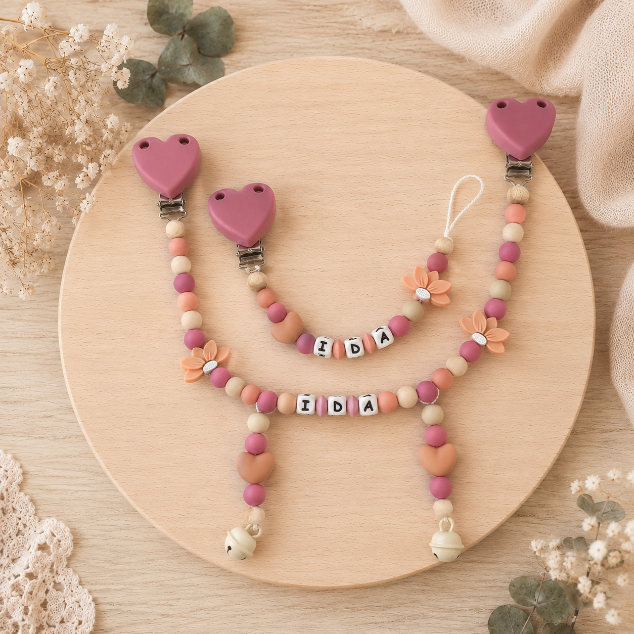 3er Set mit Namen Blume Herz | Schnullerkette, Greifring & Kinderwagenkette
