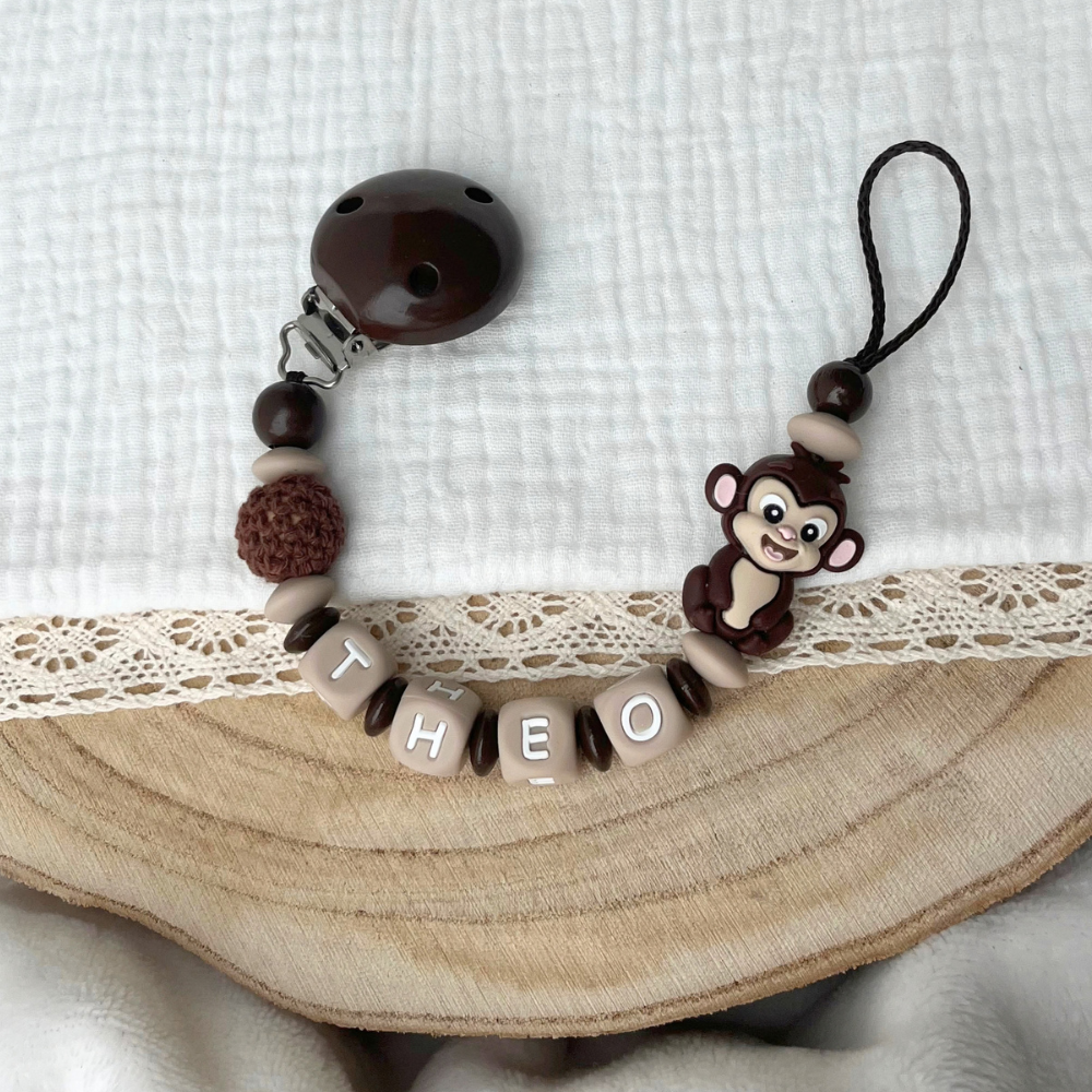 Schnullerkette mit Namen Junge - personalisiert  - Affe - Geschenk zur Geburt, Taufe, oder Babyparty