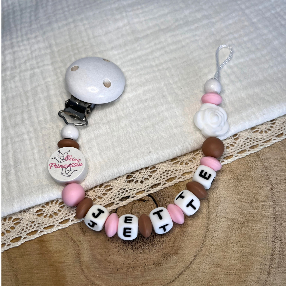 Schnullerkette mit Namen - personalisiert - Kleine Prinzessin - rosa braun weiß - Geschenk zur Geburt, Taufe, oder Babyparty