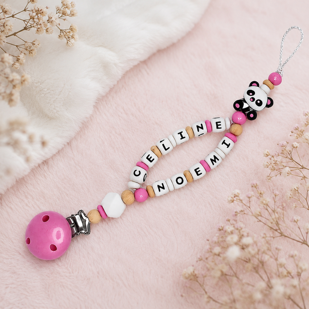 Schnullerkette mit Namen personalisiert – Panda für Mädchen  | Geschenk zur Geburt, Taufe & Babyparty