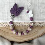 Schnullerkette mit Namen - personalisiert - Schmetterling - Baby Geschenk - pflaume weiß