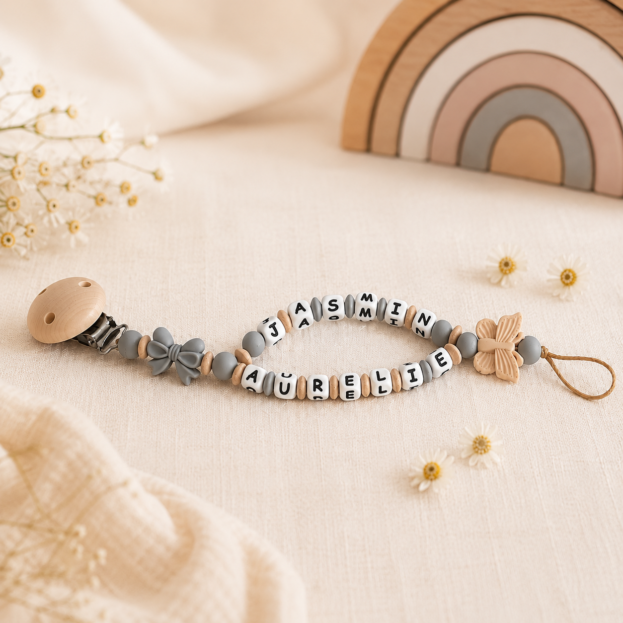 Schnullerkette mit Namen & Doppelnamen Mädchen | Personalisiert aus Holz & Silikon | Baby Geschenk zur Geburt & Taufe