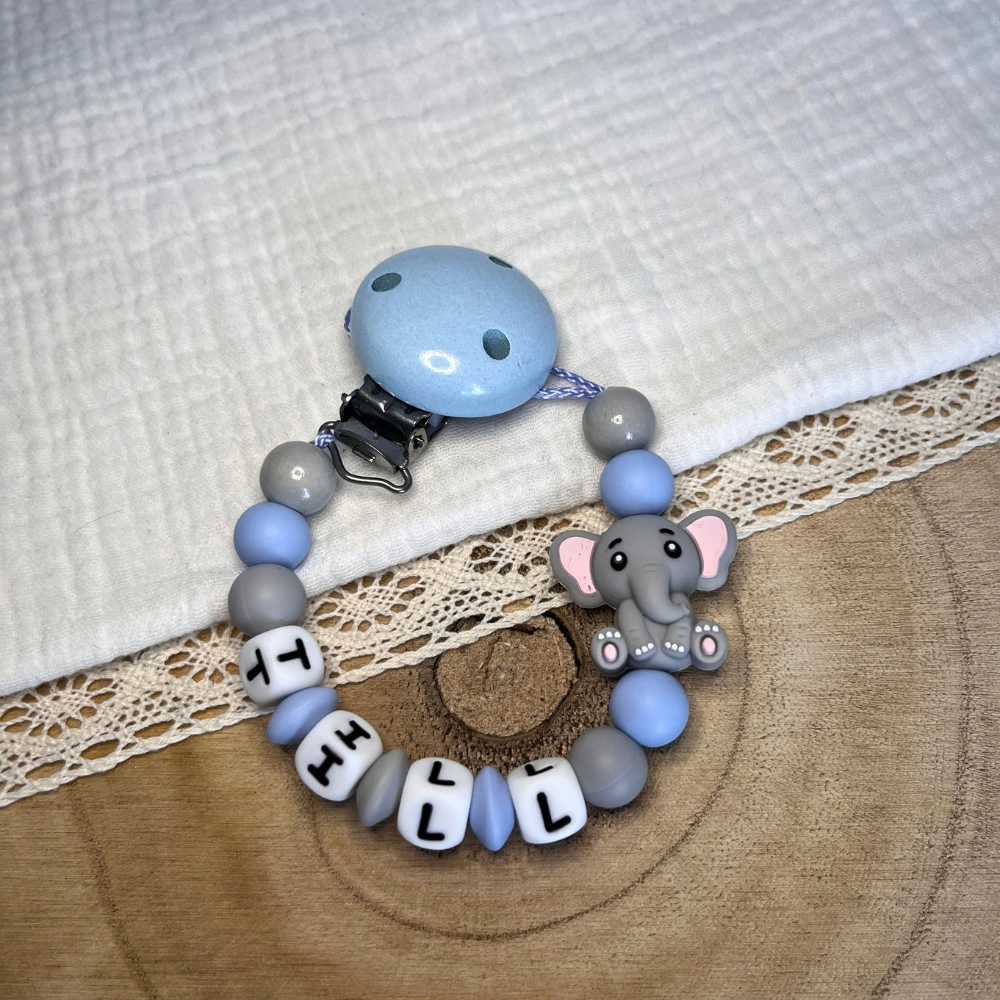 Schnullerkette mit Namen - personalisiert - Elefant - grau blau - Geschenk zur Geburt, Taufe, oder Babyparty