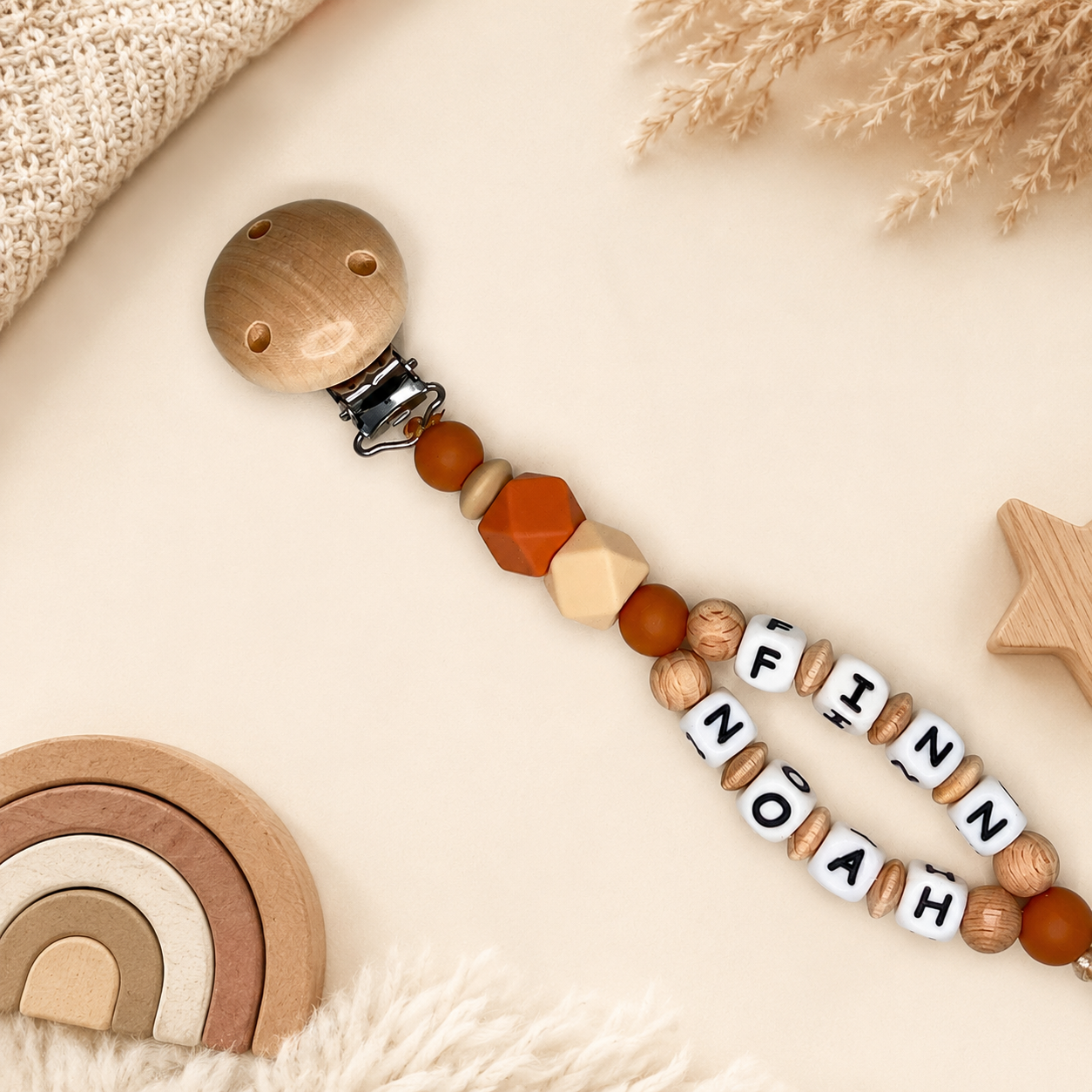Schnullerkette mit Namen personalisiert – Eichhörnchen für Mädchen & Jungen | Geschenk zur Geburt, Taufe & Babyparty