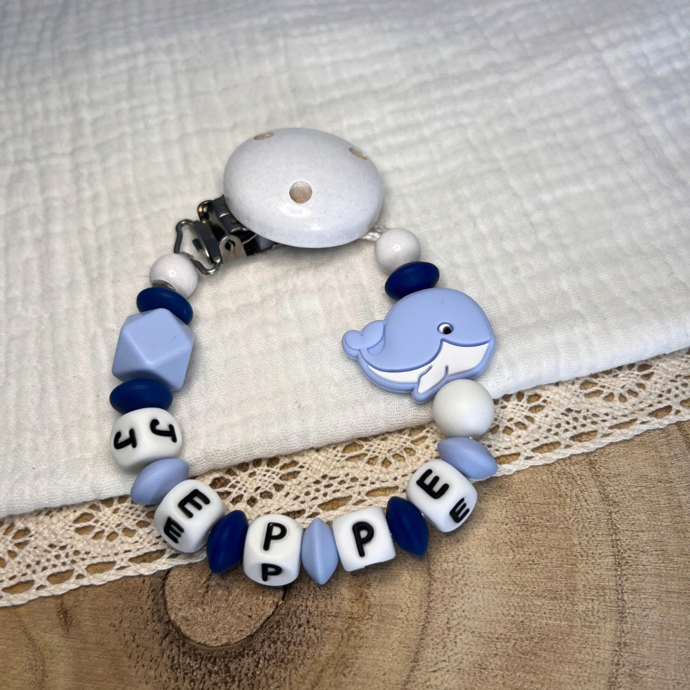 Schnullerkette mit Namen - personalisiert - Wal -  blau - Geschenk zur Geburt, Taufe, oder Babyparty