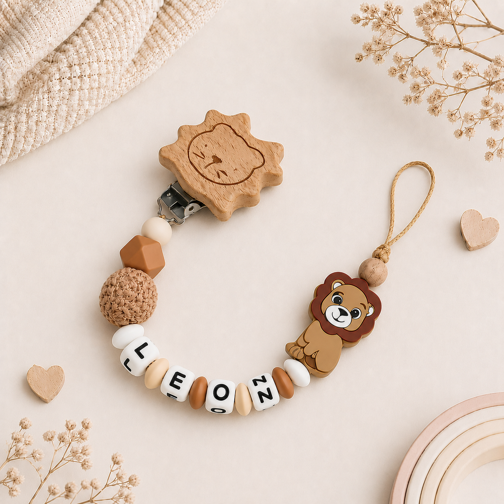 Personalisierte Schnullerkette mit Namen für Jungen - Löwe - Silikon & Holz - Braun Weiß