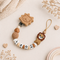 Personalisierte Schnullerkette mit Namen für Jungen - Löwe - Silikon & Holz - Braun Weiß