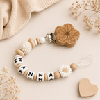 Schnullerkette mit Namen für Mädchen - Blümchen - natur weiß