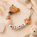 Personalisierte Schnullerkette mit Namen – Holz & Silikon – Baby Mädchen  - Peachy Beige - Blümchen Design