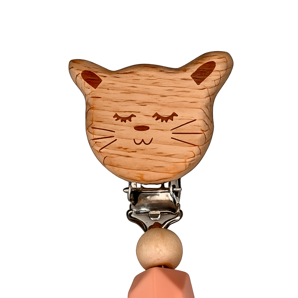 Personalisierte Schnullerkette mit Namen – Holz & Silikon – Baby Mädchen  - Peachy Beige - Blümchen Design