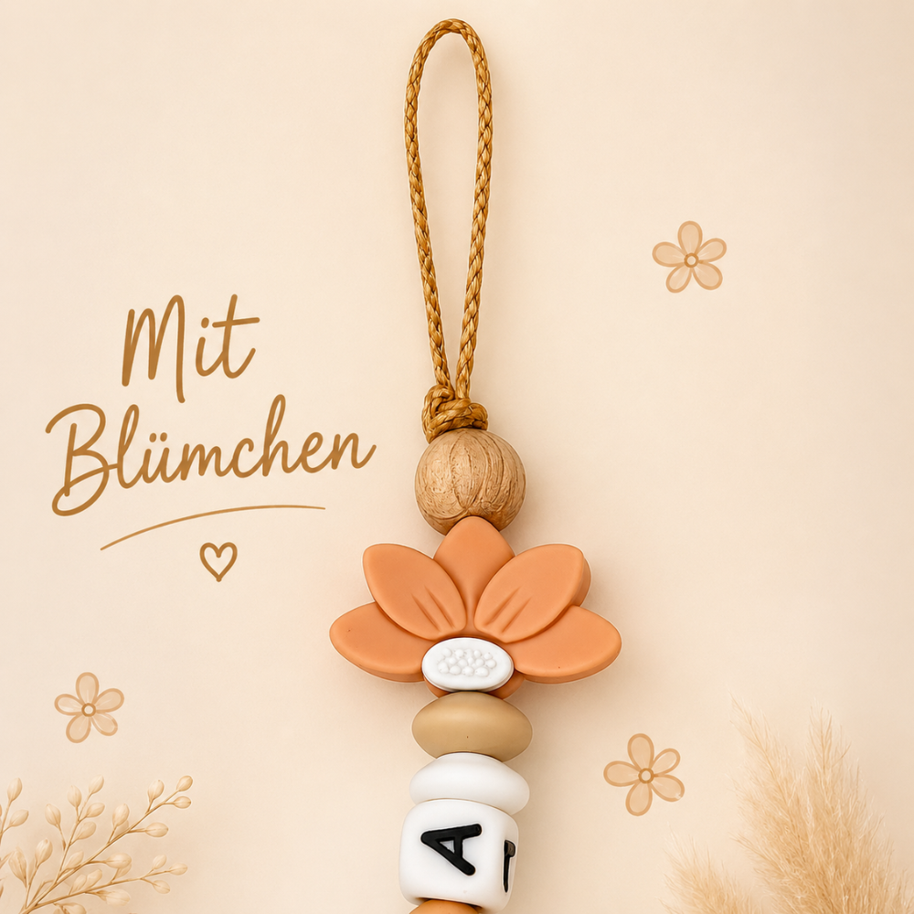 Personalisierte Schnullerkette mit Namen – Holz & Silikon – Baby Mädchen  - Peachy Beige - Blümchen Design
