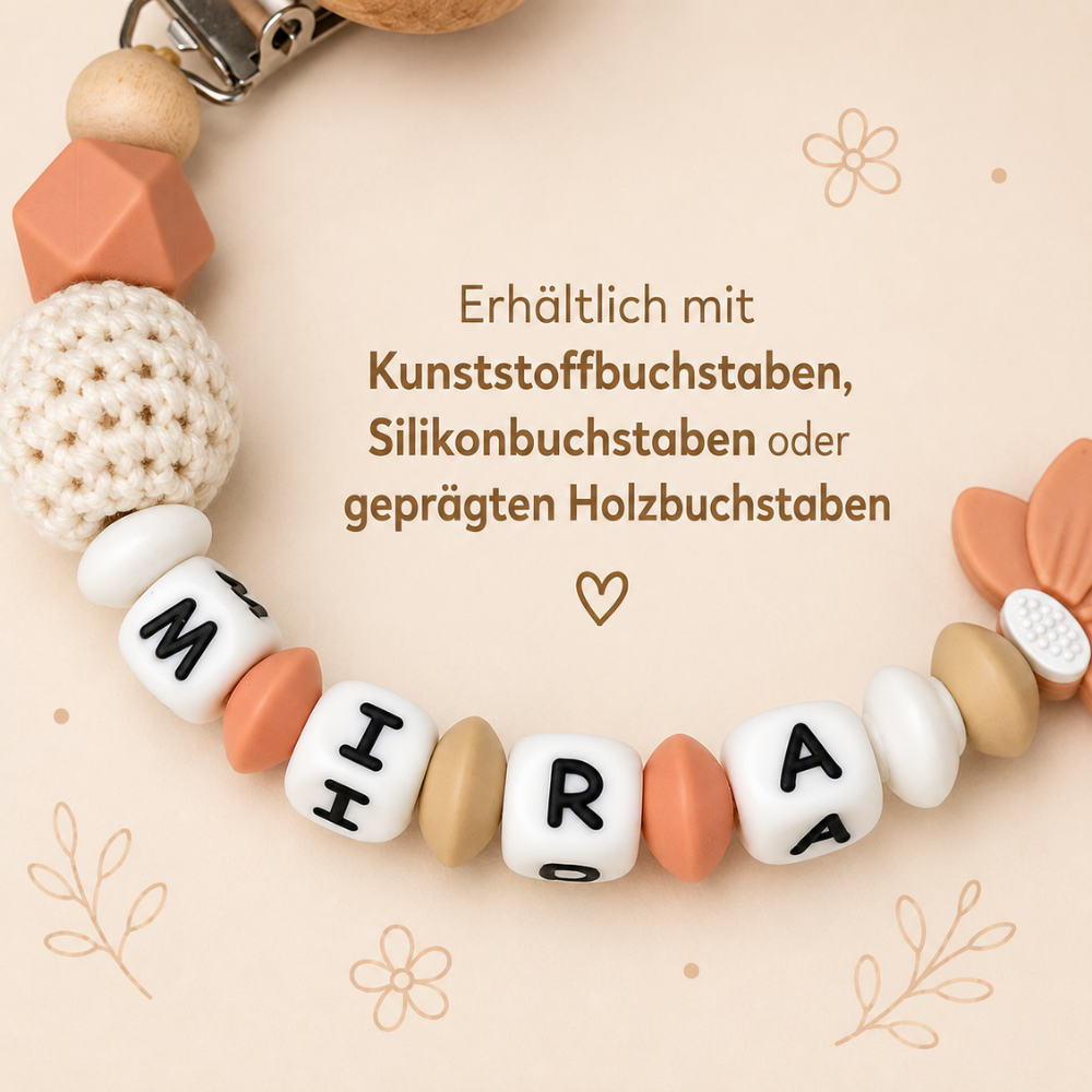 Personalisierte Schnullerkette mit Namen – Holz & Silikon – Baby Mädchen  - Peachy Beige - Blümchen Design