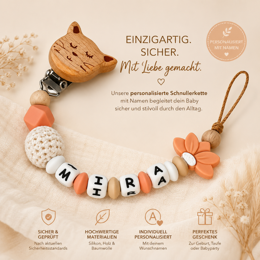 Personalisierte Schnullerkette mit Namen – Holz & Silikon – Baby Mädchen  - Peachy Beige - Blümchen Design