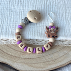 Schnullerkette mit Namen - personalisiert - Kuh mit Schleife - Baby Geschenk - natur lila