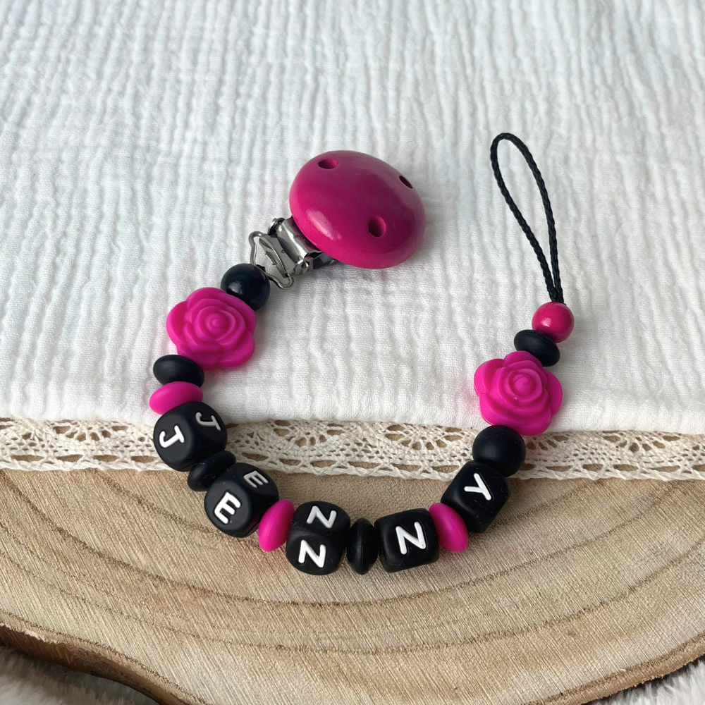 Schnullerkette mit Namen - personalisiert - Rose - Baby Geschenk - pink schwarz