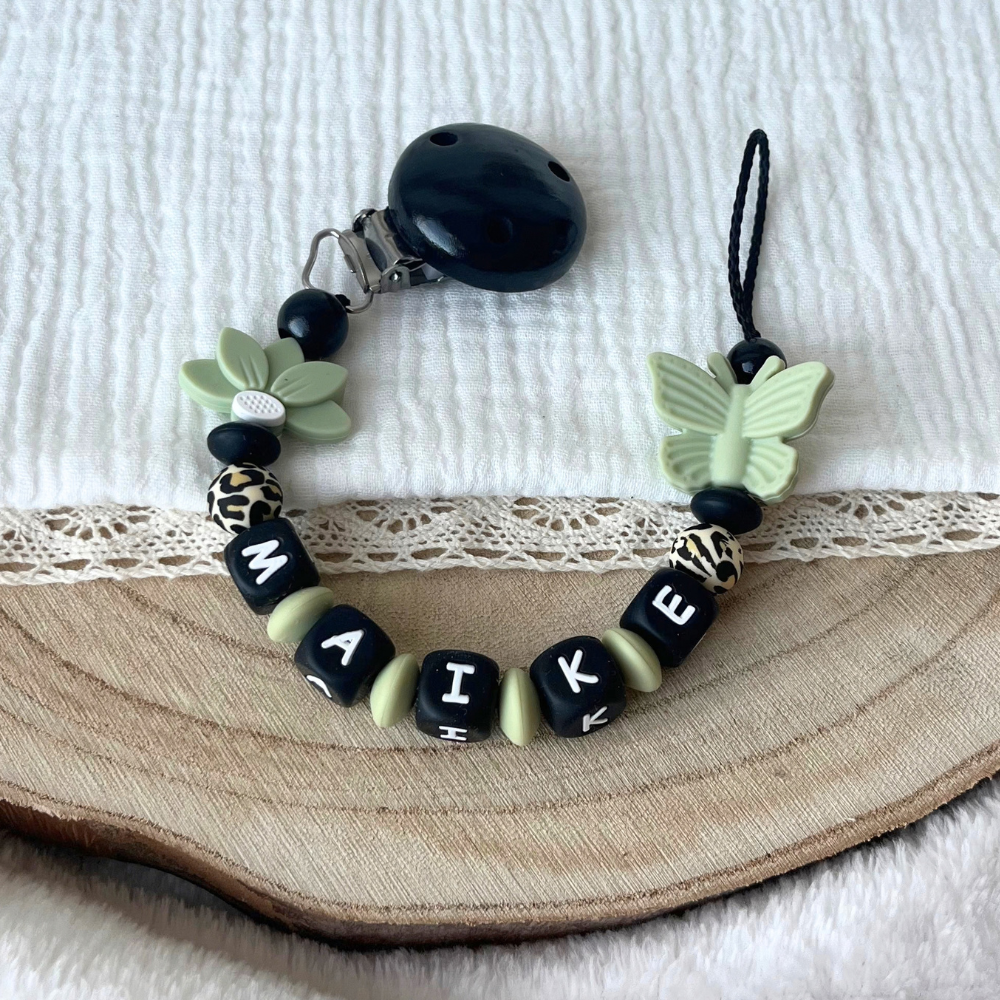 Schnullerkette mit Namen - personalisiert - Blume Schmetterling - Baby Geschenk - schwarz grün