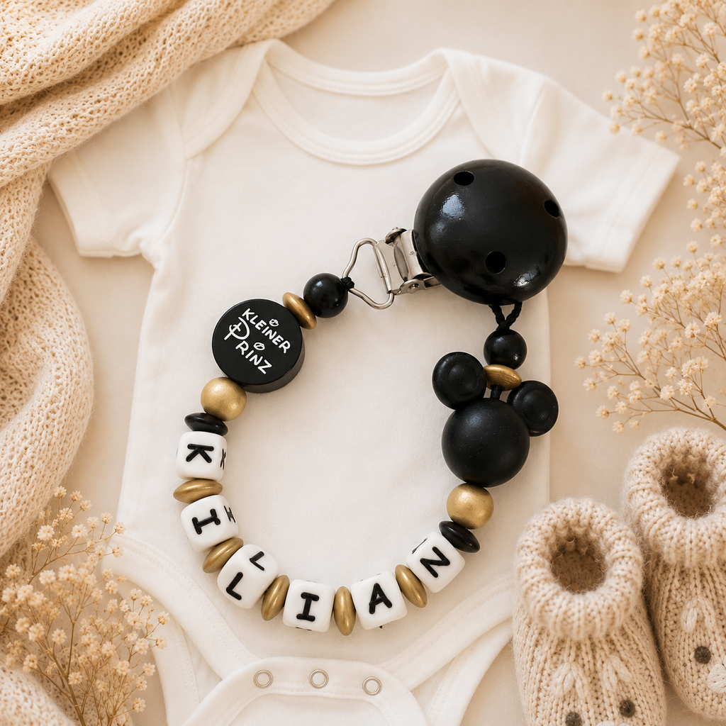 3-teiliges Baby Set „Kleiner Prinz“ Schwarz Gold – Schnullerkette, Greifling & Kinderwagenkette personalisiert