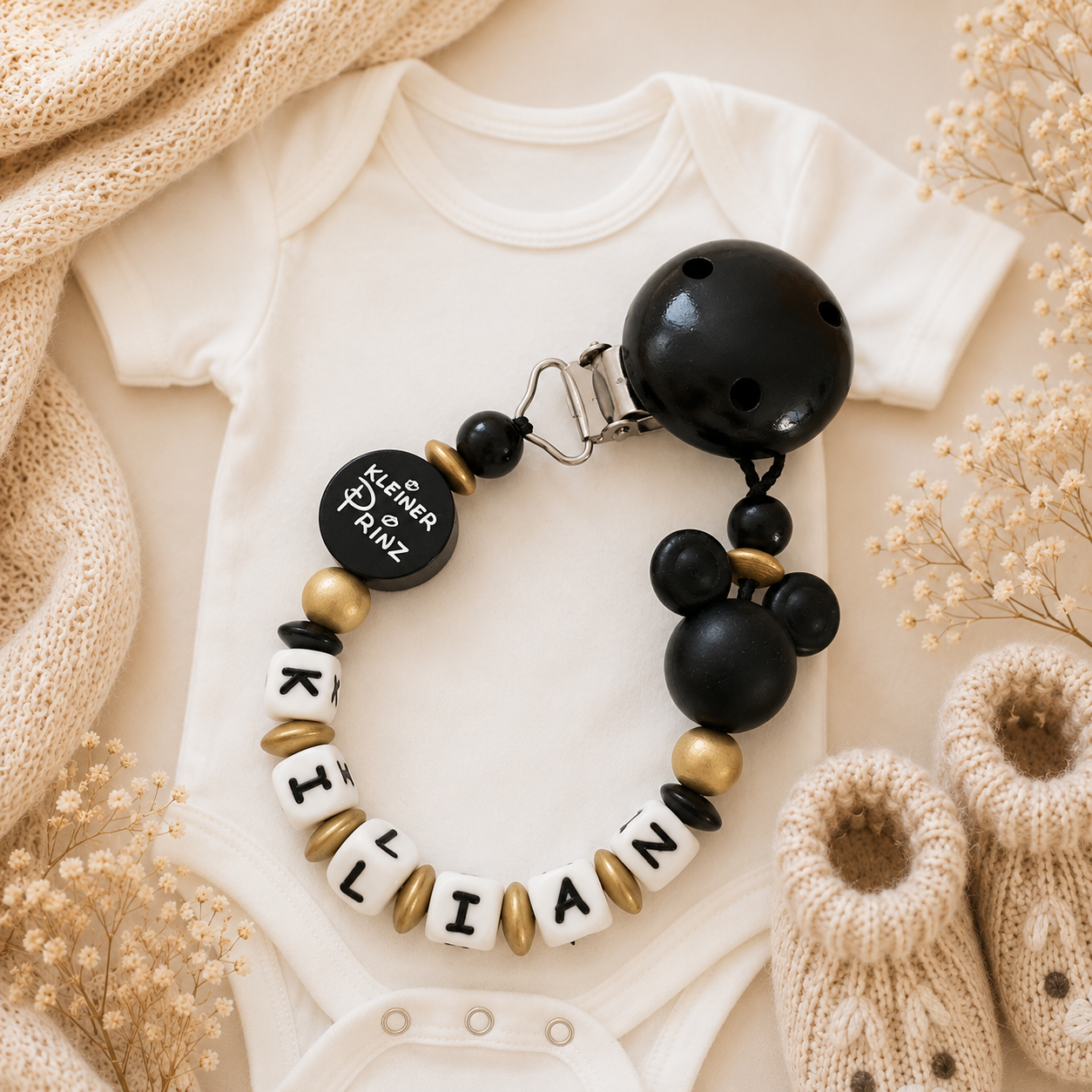 3-teiliges Baby Set „Kleiner Prinz“ Schwarz Gold – Schnullerkette, Greifling & Kinderwagenkette personalisiert