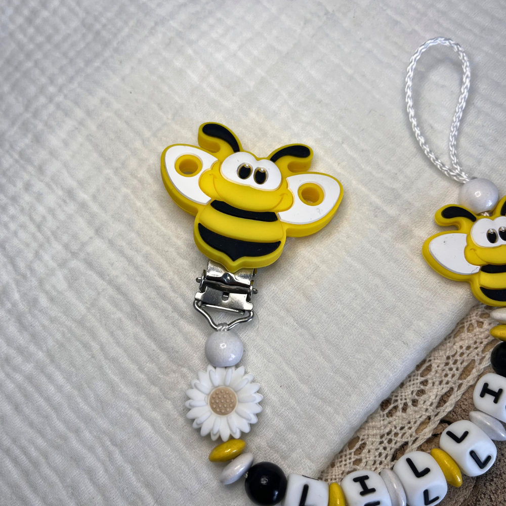 Schnullerkette mit Namen - personalisiert - Biene - schwarz weiß gelb - Geschenk zur Geburt, Taufe, oder Babyparty