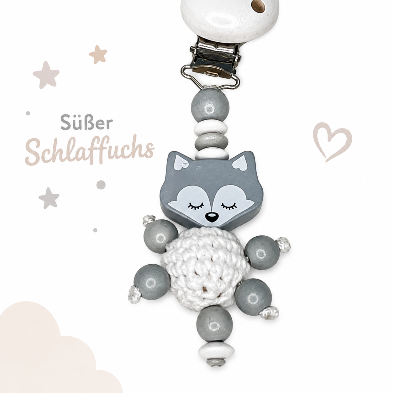 Schnullerkette mit Namen für Jungen | personalisiert | Fuchs Wolke | Weiß Grau | Geschenk Geburt
