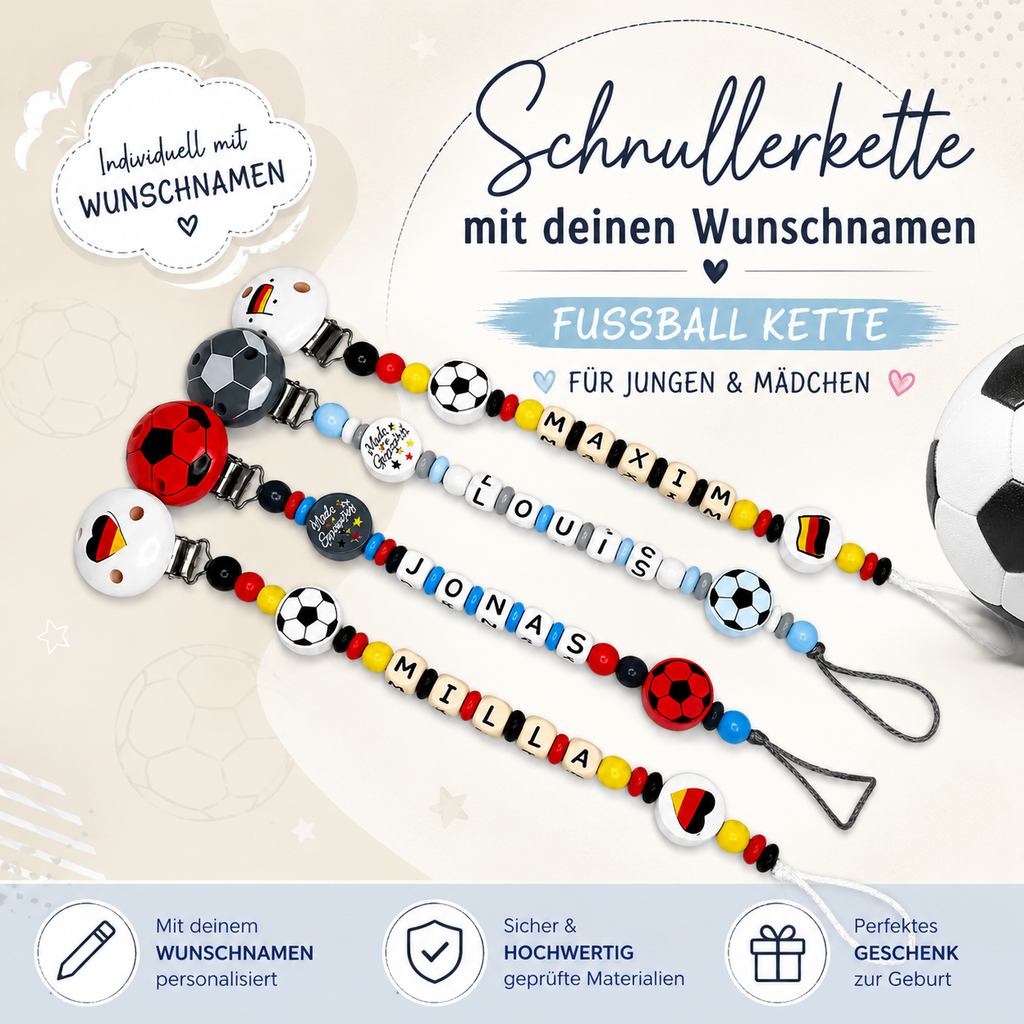 personalisierte Schnullerkette mit Namen - Holz - Baby Junge & Mädchen - Viele Farben - Fußball